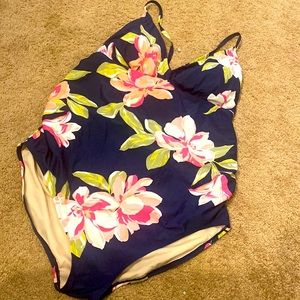 Isabel maternity womens one piece swimsuit Sz XXL blue floral lace up back